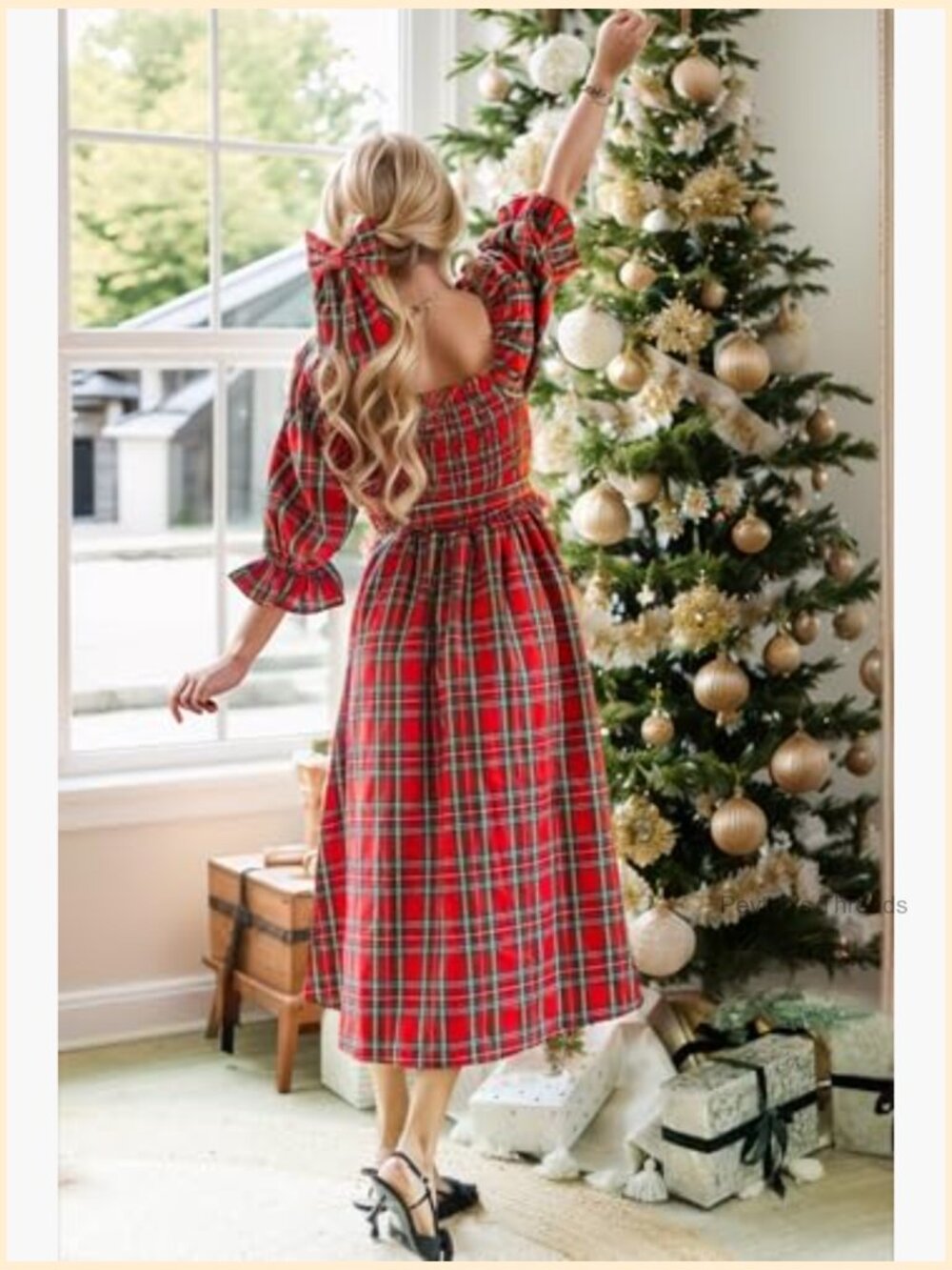 Womens Casual Tartan Plaid Square Neck Puff Sleeve Knot Waist Midi Dress - Picture 2 of 5